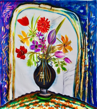 Peinture intitulée "Fleurs éternelles" par Catherine Clare, Œuvre d'art originale, Encre Monté sur Panneau de bois