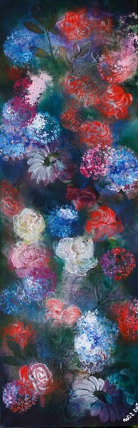 Schilderij getiteld "Sea of Flowers 24-01" door Wil Lof, Origineel Kunstwerk, Acryl Gemonteerd op Frame voor houten brancard
