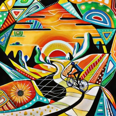 Painting titled "SUNSET ON TWO WHEEL…" by Nacoart, Original Artwork, Oil