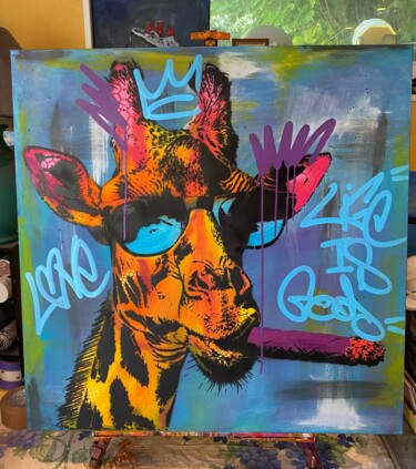绘画 标题为“La girafe cool” 由Lucien Becquet, 原创艺术品, 丙烯 安装在木质担架架上
