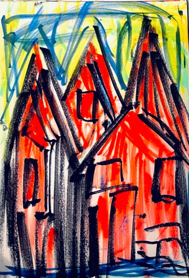 Dibujo titulada "Village life 1" por Greg Powell, Obra de arte original, Rotulador