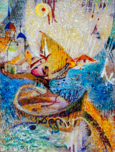 Peinture intitulée "Barques à la Corne…" par Raphy, Œuvre d'art originale, Huile Monté sur Panneau de bois