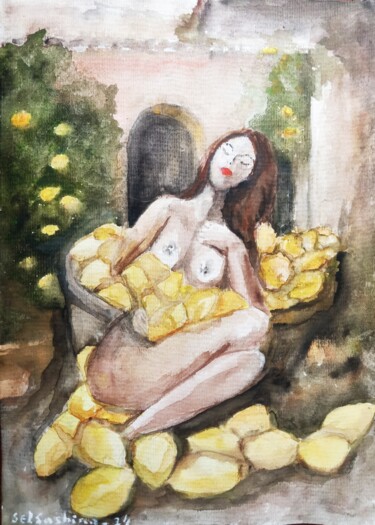 제목이 "Girl with a basket…"인 미술작품 Selena Sashina로, 원작, 수채화