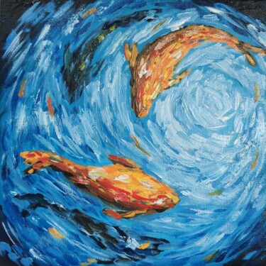 Schilderij getiteld "Fish" door Kseniya Martynova, Origineel Kunstwerk, Olie Gemonteerd op Frame voor houten brancard