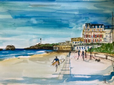 Dessin intitulée "Grande plage" par Hartiste, Œuvre d'art originale, Aquarelle