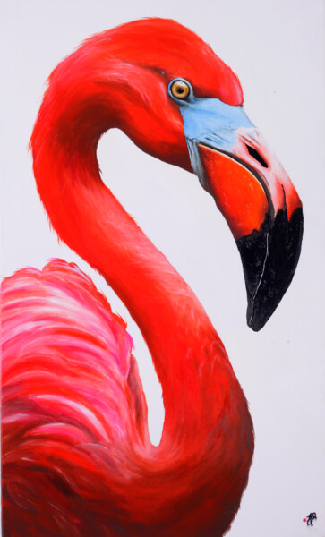 Painting titled "Flamand rose" by Jean-François Rousselot, Original Artwork, Oil Mounted on Wood Stretcher frame