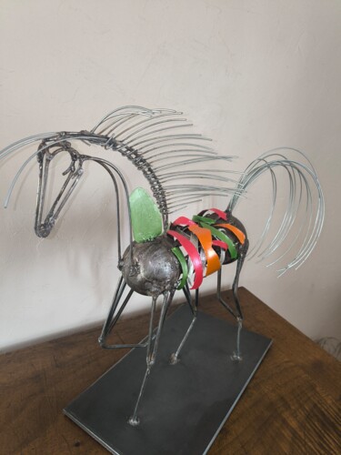 Sculpture titled "Cheval au pas" by David Morelle, Original Artwork, Metals