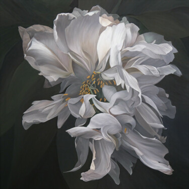 Schilderij getiteld "Pivoine 07" door Odile Faure, Origineel Kunstwerk, Olie Gemonteerd op Frame voor houten brancard