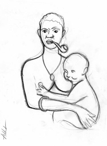Femme et enfant-A-0063 Dessin intitulée "Femme et enfant-A-0…" par Alliet-Delacroix, Œuvre d'art originale, Crayon