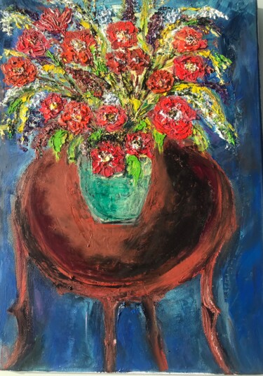Peinture intitulée "Le bouquet sur tabl…" par Maria Helena De  Macedo  Benier, Œuvre d'art originale, Huile