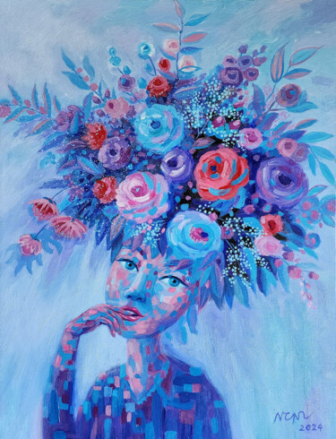 Painting titled "Girl with flowers" by Chi Nguyen, Original Artwork, Acrylic Mounted on Wood Stretcher frame