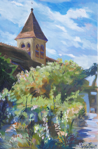 Le clocher de l’église de St Prix (Val d’Oise, France) Painting titled "Le clocher de l’égl…" by Christel Fréon, Original Artwork, Acrylic Mounted on Wood Stretcher frame