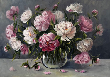 Painting titled "Peonies" by Viktoriia Derbaba, Original Artwork, Oil Mounted on Wood Stretcher frame