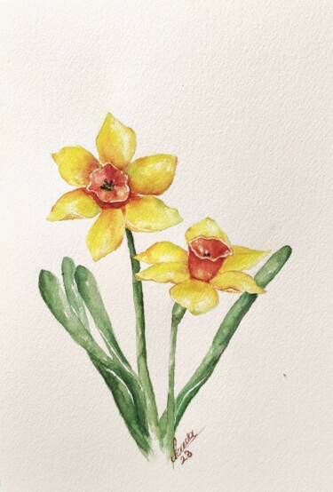 Painting titled "Yellow Narcissus (r…" by Fineartderya, Original Artwork, Watercolor