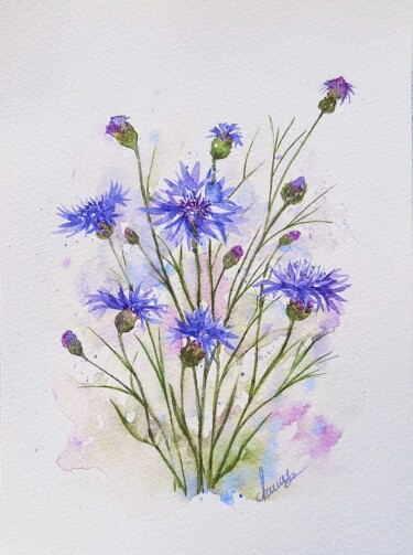 绘画 标题为“Purple Cornflower” 由Fineartderya, 原创艺术品, 水彩