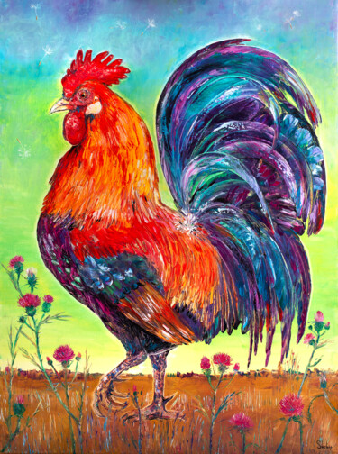 Painting titled "Сock-a-doodle-do!" by Natalia Shchipakina, Original Artwork, Oil Mounted on Wood Stretcher frame