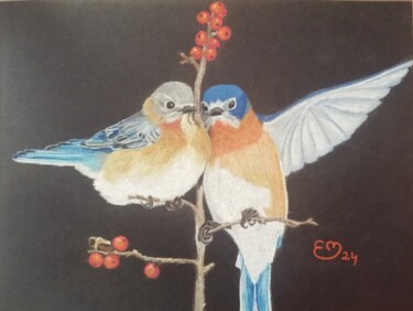Dessin intitulée "Couple de passereaux" par Élisa Brun, Œuvre d'art originale, Pastel Monté sur Panneau de bois