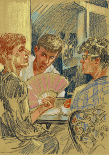 Drawing titled "Cafe table" by Sergey Sovkov, Original Artwork, Conté