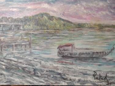 Pittura intitolato "Sunset on the River" da Dpaulinos, Opera d'arte originale, Olio Montato su Telaio per barella in legno