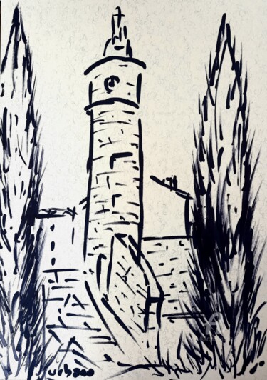 Drawing titled "Le Beffroi à CAROMB" by Roberto Urbano, Original Artwork, Marker Mounted on Cardboard
