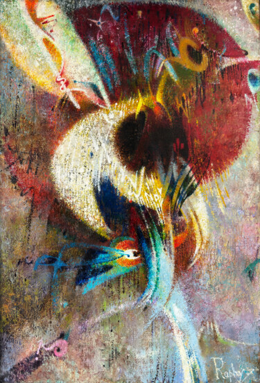 Peinture intitulée "Soleil et comètes" par Raphy, Œuvre d'art originale, Huile Monté sur Châssis en bois