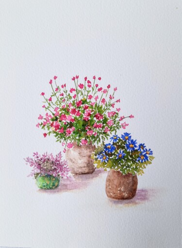 Flower Pots Painting titled "Flower Pots" by Fineartderya, Original Artwork, Watercolor