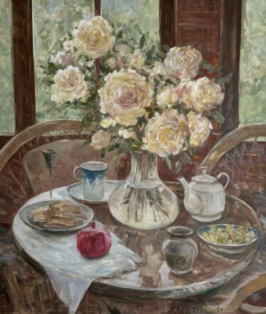 Painting titled "Cream roses" by Nk. Artbox, Original Artwork, Oil Mounted on Wood Stretcher frame