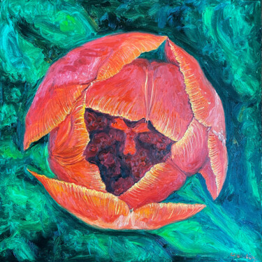 Ζωγραφική με τίτλο "Orange Tulip - II" από Ling Chen, Αυθεντικά έργα τέχνης, Λάδι Τοποθετήθηκε στο Ξύλινο φορείο σκελετό