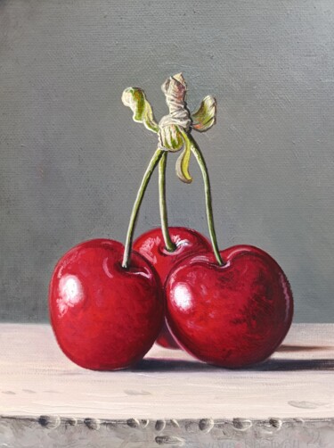 Cherry Trio Painting titled "Cherry Trio" by Stepan Ohanyan, Original Artwork, Oil Mounted on Wood Stretcher frame
