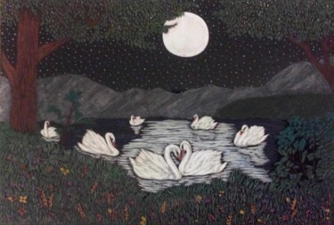 Painting titled "Swan Lake" by Martin Ashkhatoev, Original Artwork, Acrylic