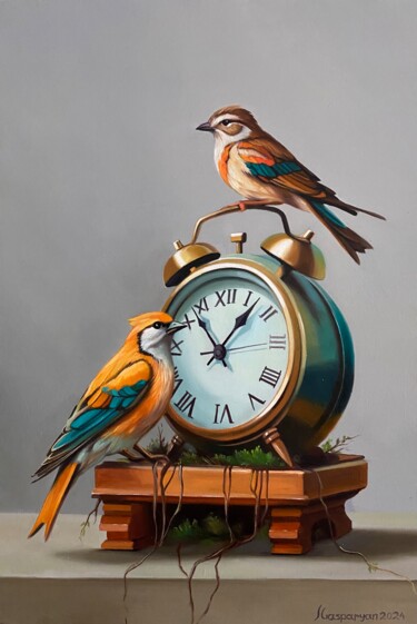 Tick-Tock Birds Painting titled "Tick-Tock Birds" by Ara Gasparyan, Original Artwork, Oil Mounted on Wood Stretcher frame