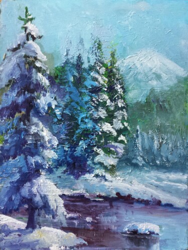 Paysage hivernal de pins Forêt enneigée au bord de la rivièr 绘画 标题为“Paysage hivernal de…” 由David Kabulashvili, 原创艺术品, 油
