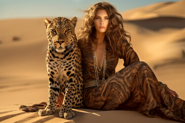 数字艺术 标题为“Girl with a leopard…” 由Saras, 原创艺术品, AI生成的图像