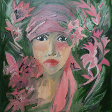 Painting titled "Rose regard" by Cécile Freitas, Original Artwork, Oil Mounted on Wood Stretcher frame