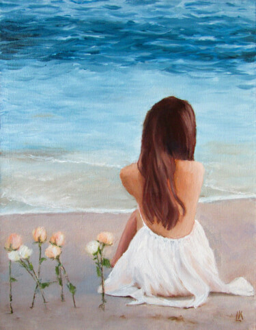 Roses on a beach Peinture intitulée "Roses on a beach" par Ludmila Kovalenko, Œuvre d'art originale, Huile Monté sur Châssis en bois