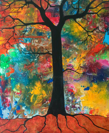Painting titled "Enracinement" by Myriam Djaouk, Original Artwork, Acrylic Mounted on Wood Stretcher frame