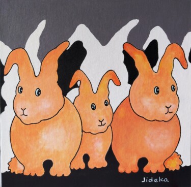 Malerei mit dem Titel "Trois petits lapins…" von Jocelyne Deschamps-Kus, Original-Kunstwerk, Acryl Auf Andere starre Platte…