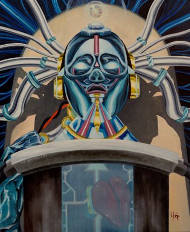 Painting titled "The Archivist" by Yobe, Original Artwork, Oil Mounted on Wood Stretcher frame