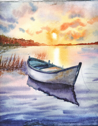 Tranquil Sunset Watercolor Art - Rowboat on Calm Lake 제목이 "Tranquil Sunset Wat…"인 미술작품 Galina Ivanova로, 원작, 수채화