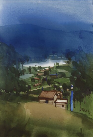 Painting titled "Shining lake, Misty…" by Prashant Prabhu, Original Artwork, Watercolor
