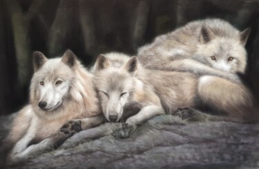 Painting titled "Famille de loups" by Cathy Cheneau, Original Artwork, Pastel