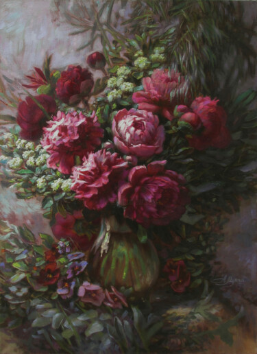 "Peonies in a transp…" başlıklı Tablo Anny Myrna tarafından, Orijinal sanat, Petrol Ahşap Sedye çerçevesi üzerine monte edil…