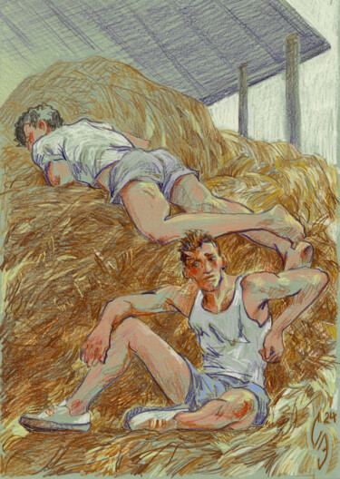 "In the hayloft" başlıklı Resim Sergey Sovkov tarafından, Orijinal sanat, Mum boya