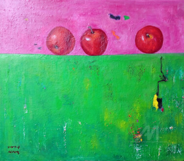 Vibrant Abstract Still Life: Three Apples on Bold Color Canv 绘画 标题为“Vibrant Abstract St…” 由Yeon-Gyeong Seo (Seo), 原创艺术品, 油