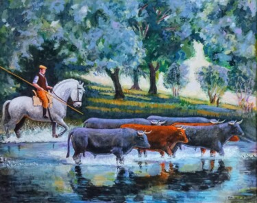 绘画 标题为“CRUZANDO EL RIO” 由Francisco Serrano Gutierrez, 原创艺术品, 丙烯 安装在木质担架架上
