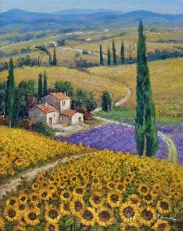 The flowery path - Tuscany painting landscape Peinture intitulée "The flowery path -…" par Domenico Ronca, Œuvre d'art originale, Huile Monté sur Châssis en bois