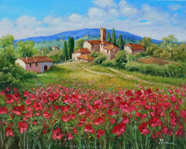 Village with red poppies - Tuscany painting landscape Pittura intitolato "Village with red po…" da Domenico Ronca, Opera d'arte originale, Olio Montato su Telaio per barella in l…