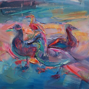 제목이 "Canards sauvages"인 미술작품 Marta Lipowska로, 원작, 기름 나무 들것 프레임에 장착됨