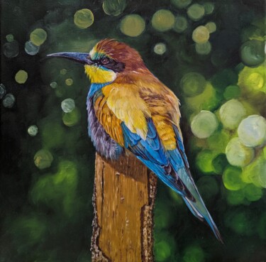 Painting titled "Guêpier d'Europe" by Muriel Barrat, Original Artwork, Oil Mounted on Wood Stretcher frame