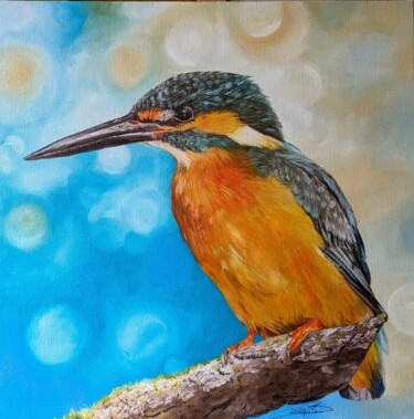 Painting titled "Martin le pêcheur" by Muriel Barrat, Original Artwork, Oil Mounted on Wood Stretcher frame